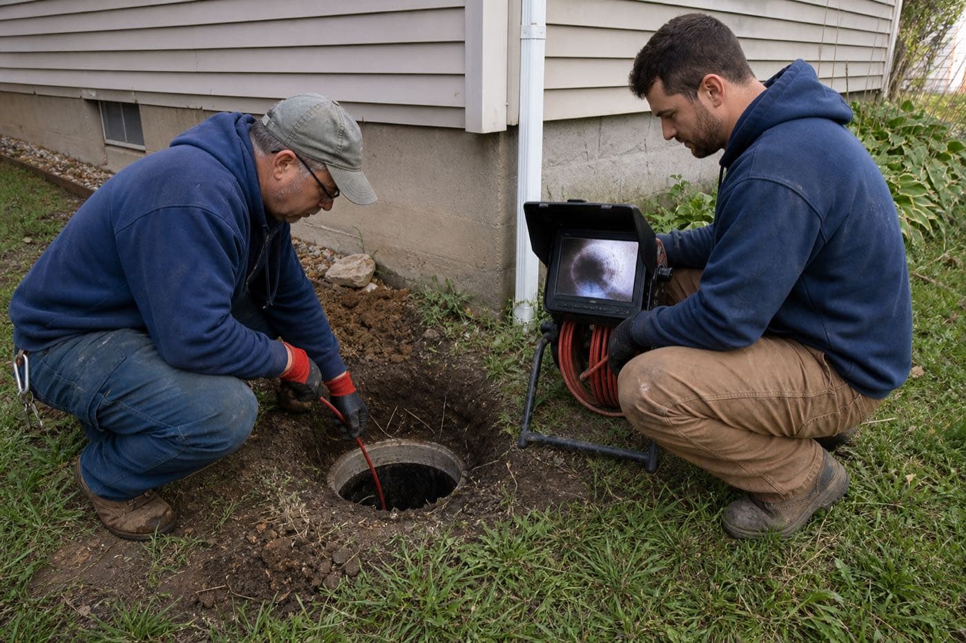 Crew assessing a residential sewer lateral repair beside a home foundation